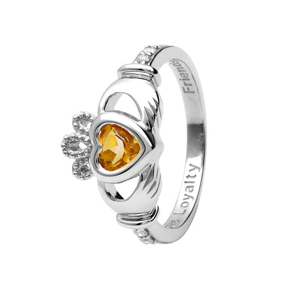 14ct White  Gold Citrine November Birthstone Claddagh Ring