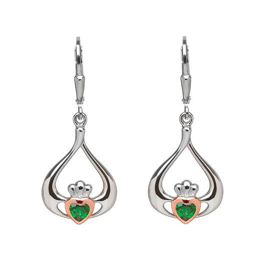 Sterling Silver & Irish Rose Gold Green Cubic Zirconia Claddagh Earrings