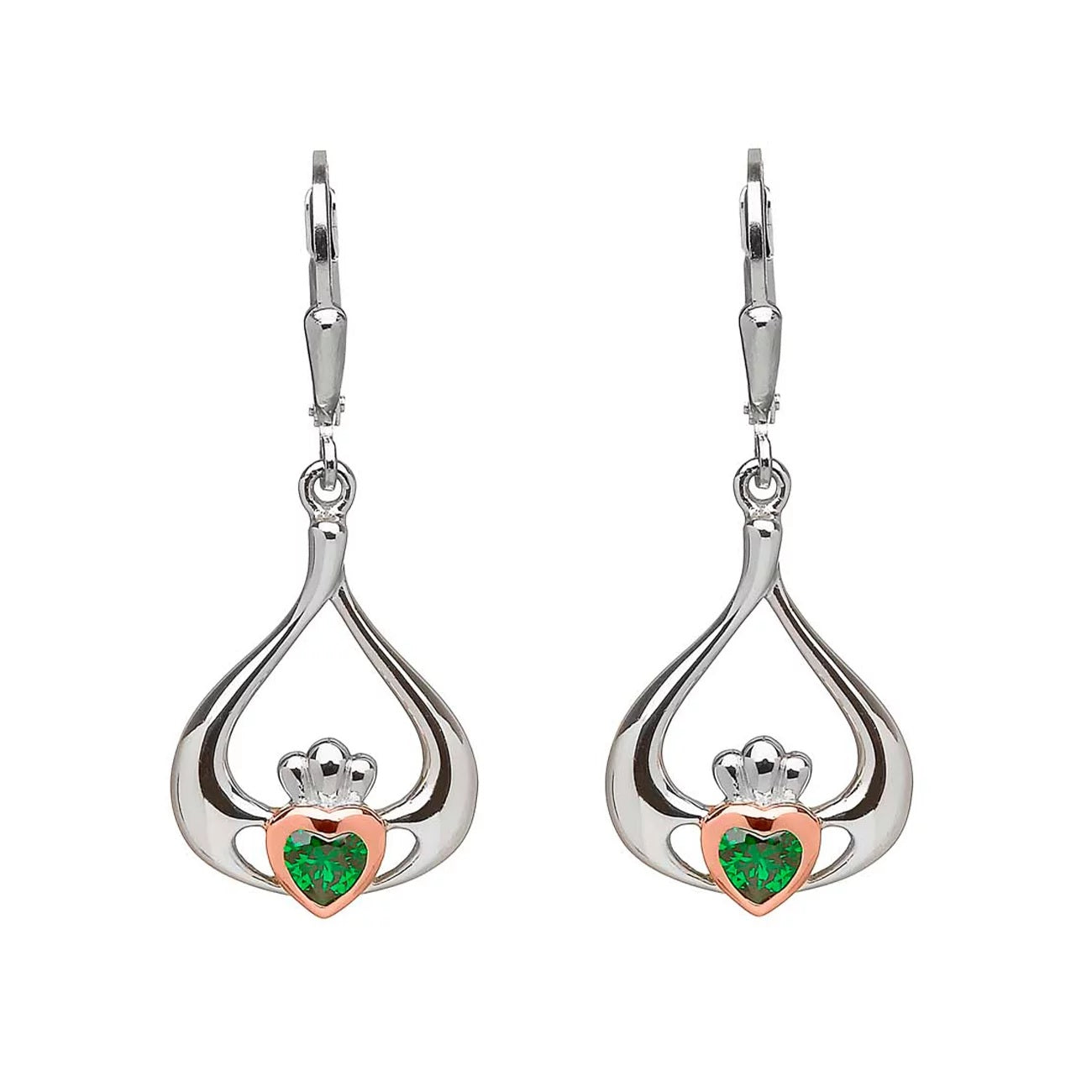 Sterling Silver & Irish Rose Gold Green Cubic Zirconia Claddagh Earrings