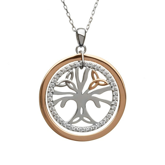 Sterling Silver and Rose Gold Celtic Tree of Life Cubic Zirconia Pendant