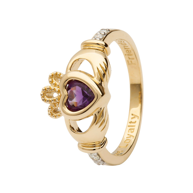 14ct Yellow Gold Amethyst February Birthstone Claddagh Ring