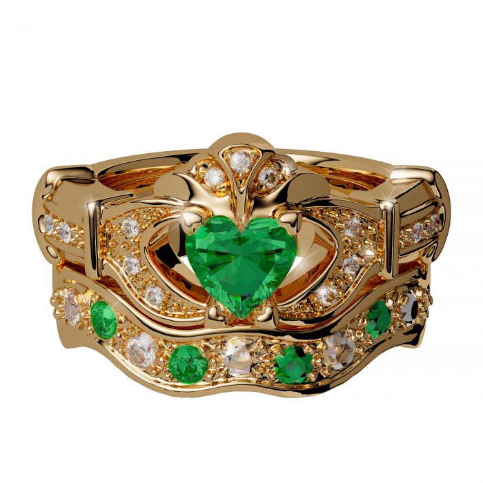 14ct Yellow Gold Diamond and Emerald Claddagh Ring with Matching Wedding Band