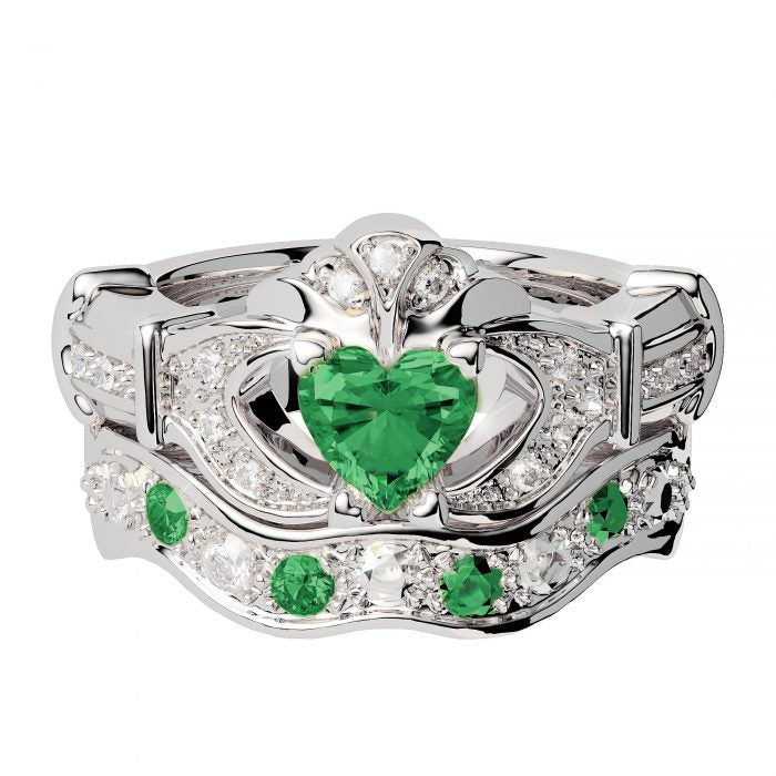 14ct White Gold Diamond and Emerald Claddagh Ring with Matching Wedding Band