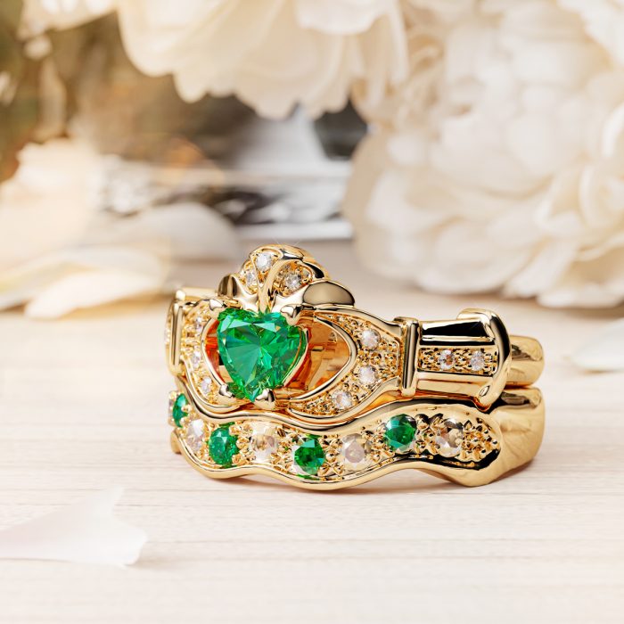 14ct Yellow Gold Diamond and Emerald Claddagh Ring with Matching Wedding Band