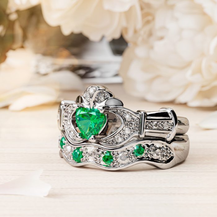 14ct White Gold Diamond and Emerald Claddagh Ring with Matching Wedding Band