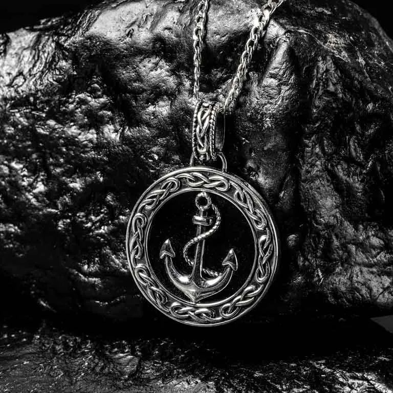 Men's Sterling Silver Black Onyx Celtic Anchor Pendant