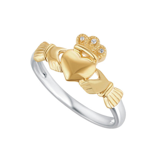 10ct Gold and Sterling Silver Diamond Claddagh Ring