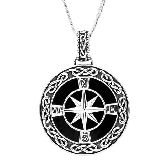 Men's Sterling Silver Black Onyx Celtic Compass North Star Pendant