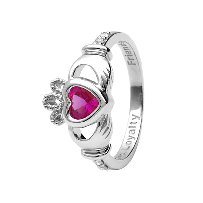 14ct White Gold Pink Sapphire October Birthstone Claddagh Ring