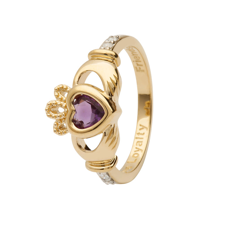 14ct Yellow  Gold Light Amethyst June Birthstone Claddagh Ring