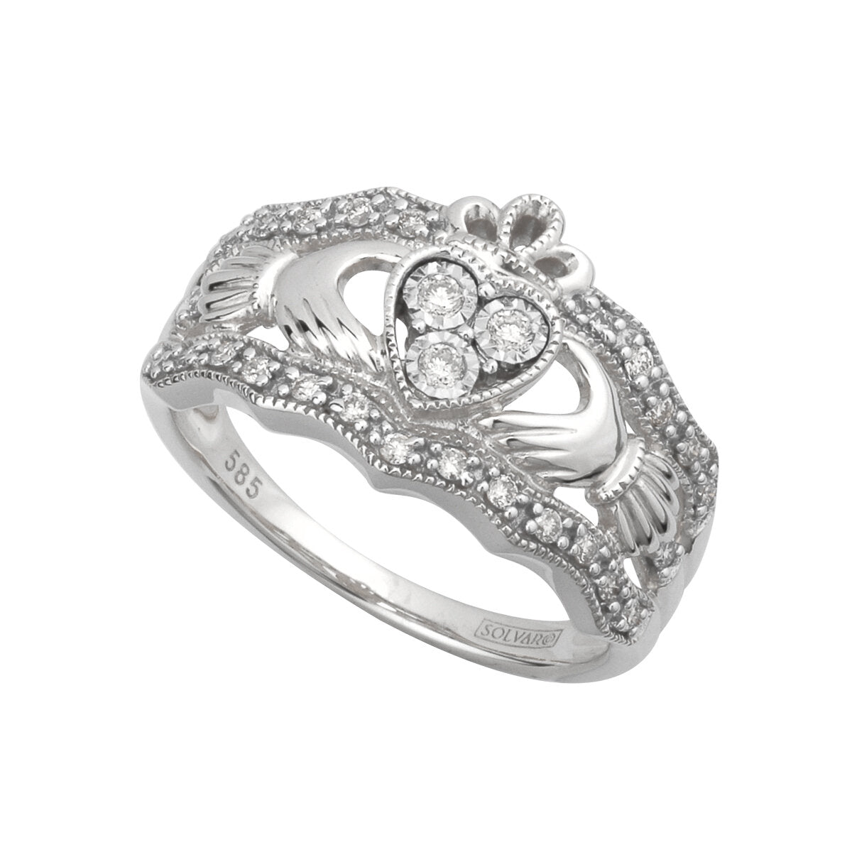 14ct White Gold Diamond Claddagh Ring