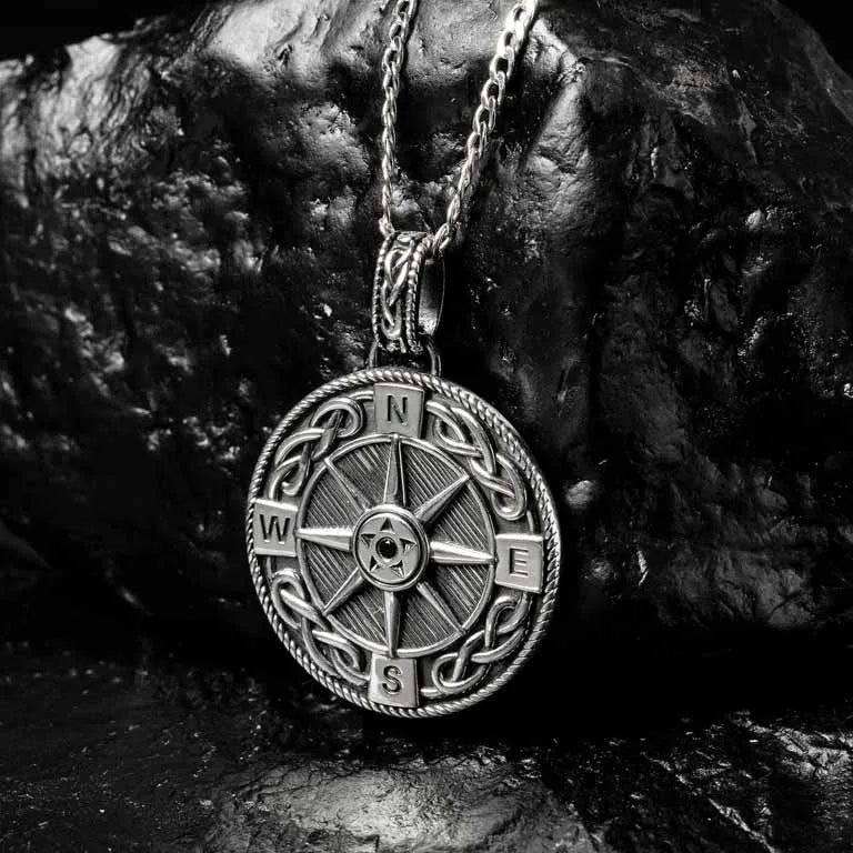 Men's Silver Compass Pendant Necklace