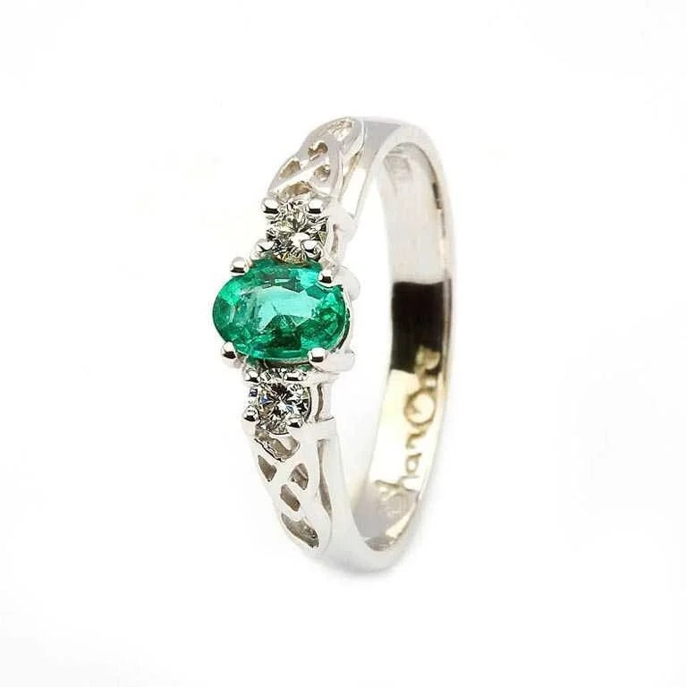 14ct White Gold Oval Emerald and Diamond Celtic Ring