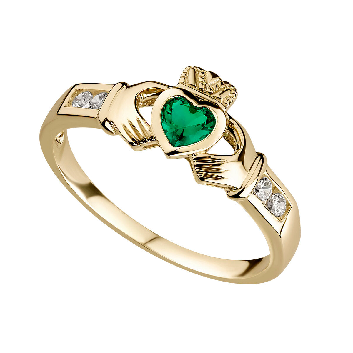 9ct Yellow Gold Emerald and Cubic Zirconia Claddagh Ring