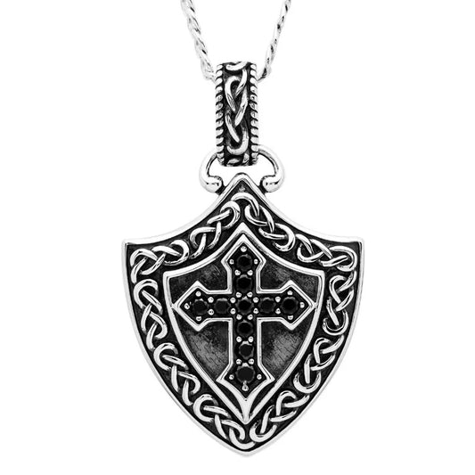 Men's Sterling Silver Black Spinel Celtic Cross Shield Pendant