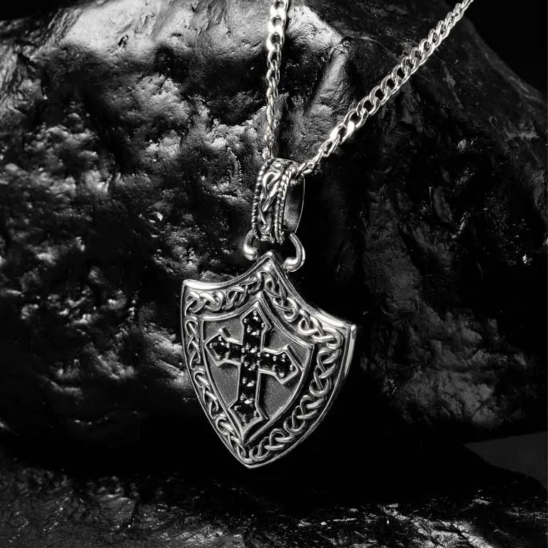 Men's Sterling Silver Black Spinel Celtic Cross Shield Pendant